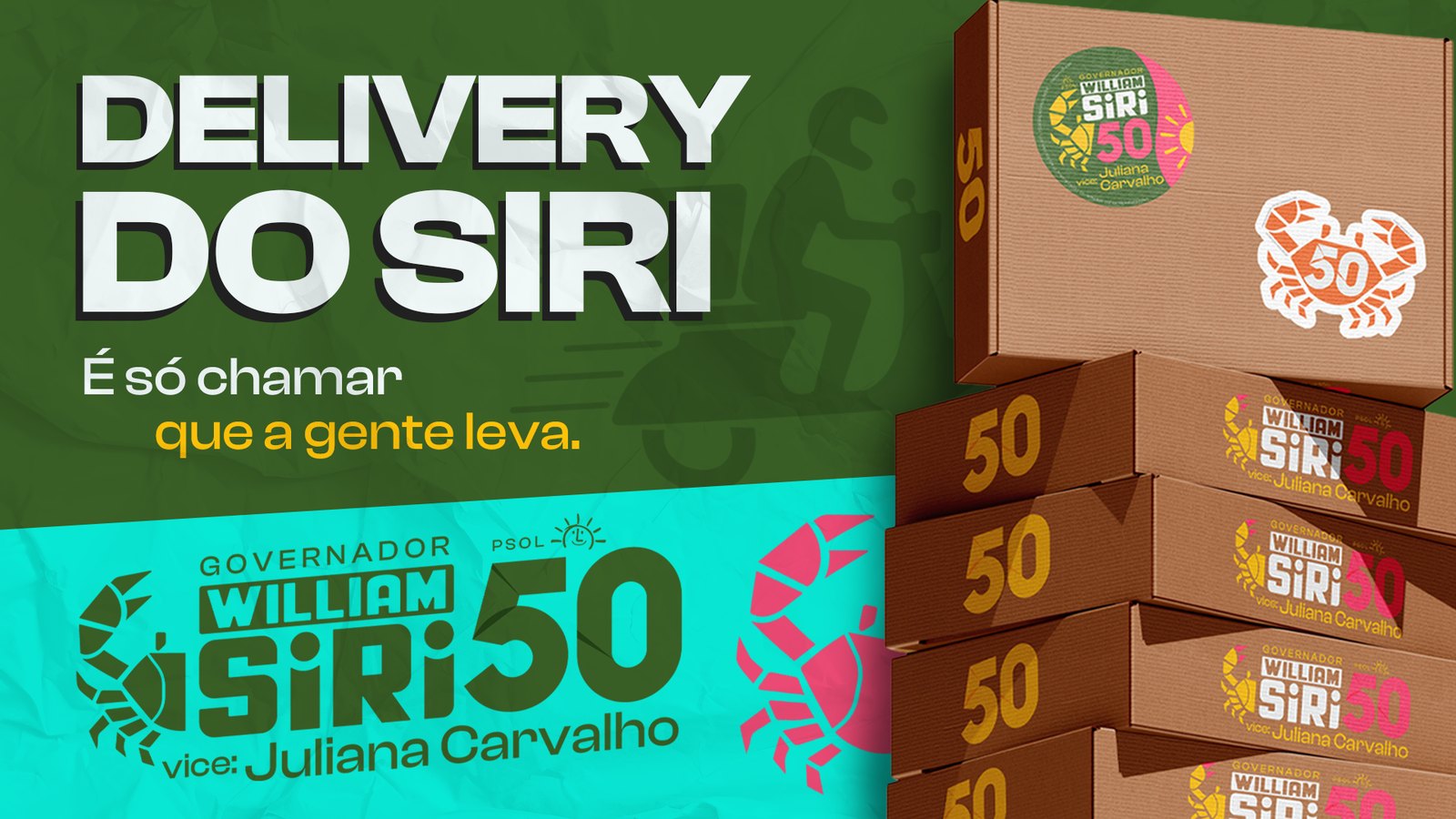 Delivery do Siri. É só chamar que a gente leva. William Siri, candidato a governador do Rio de Janeiro pelo PSOL, número 50, vice Juliana Carvalho.